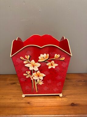 Vintage Tole Metal Waste Basket, Red With Flowers